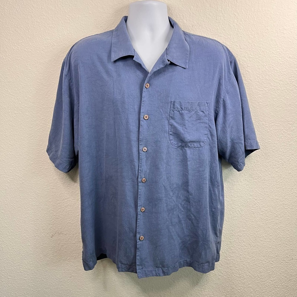Tommy Bahama Blue Silk Button Down Shirt Men’s XL Tropical Textured Hawaiian